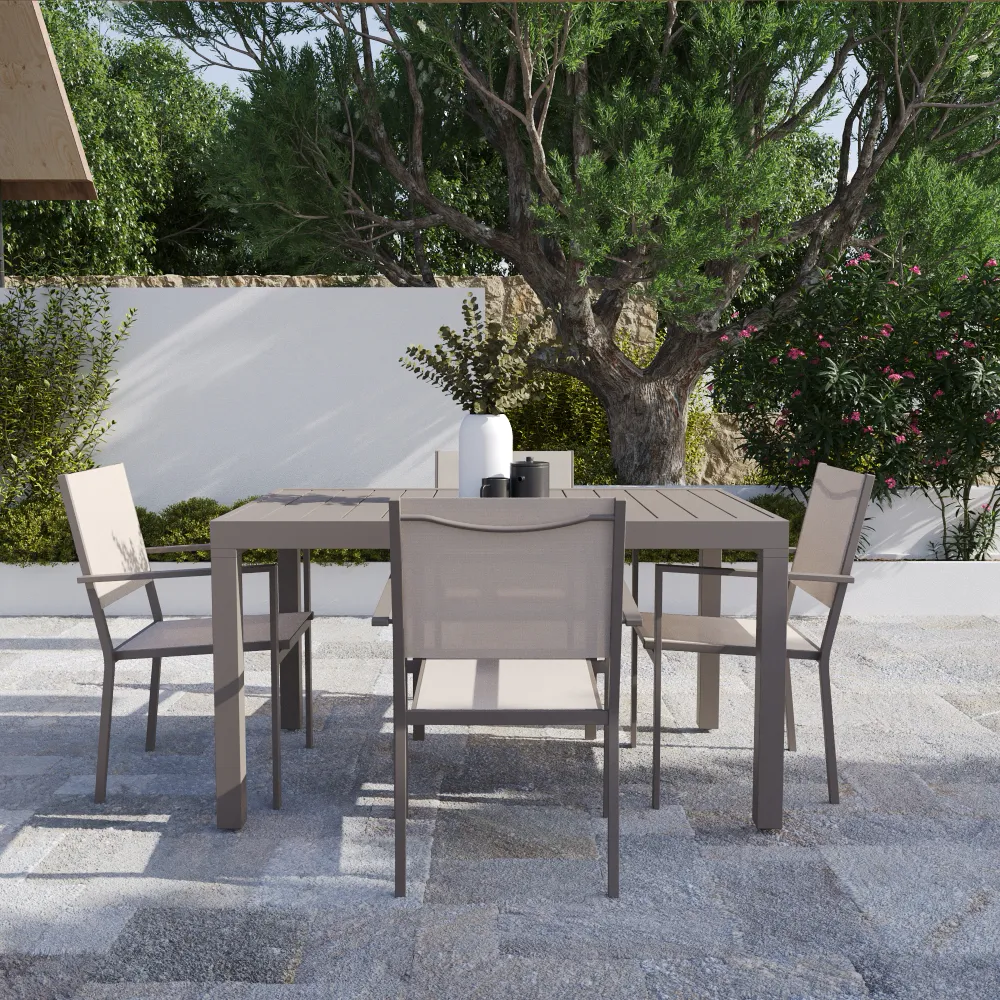 Set da esterno tortora con tavolo allungabile 135/270x74cm e 4 sedie in alluminio e textilene con braccioli squadrati | Marel Set da esterno tortora con tavolo allungabile 135/270x74cm e 4 sedie in alluminio e textilene con braccioli squadrati | Marel