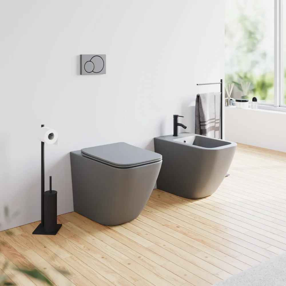 Sanitari filomuro in ceramica grigio opaco vaso rimless sedile soft-close e bidet | Venezia