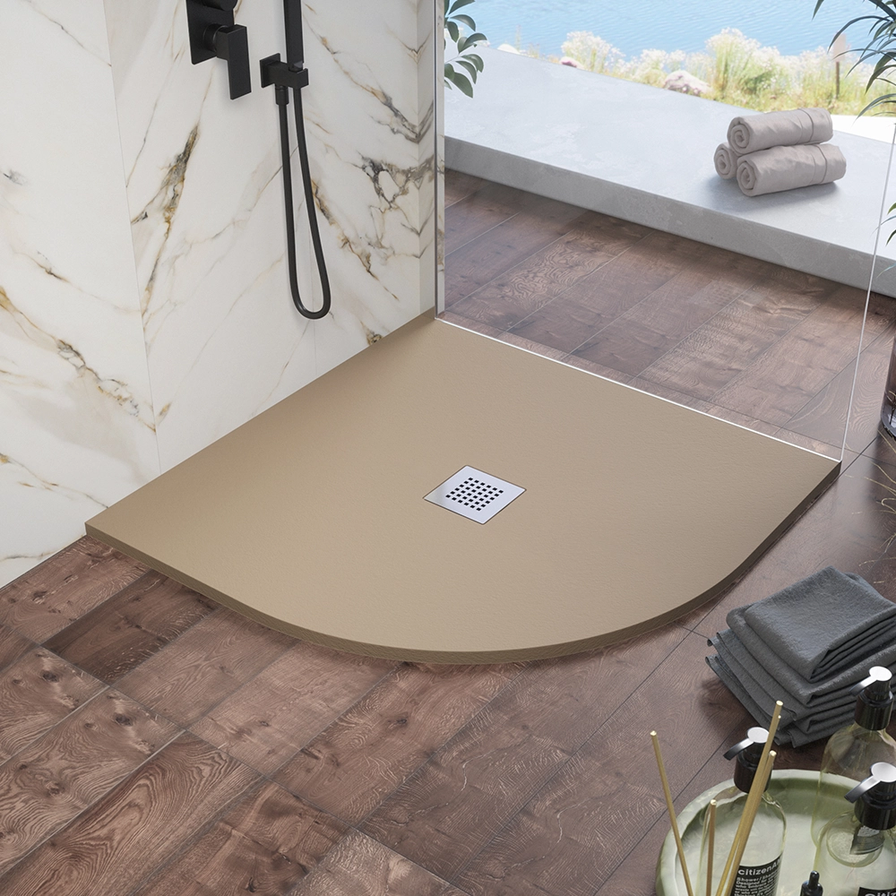 Piatto doccia semicircolare 80x80cm in marmoresina marrone effetto pietra | Kos Piatto doccia semicircolare 80x80cm in marmoresina marrone effetto pietra | Kos