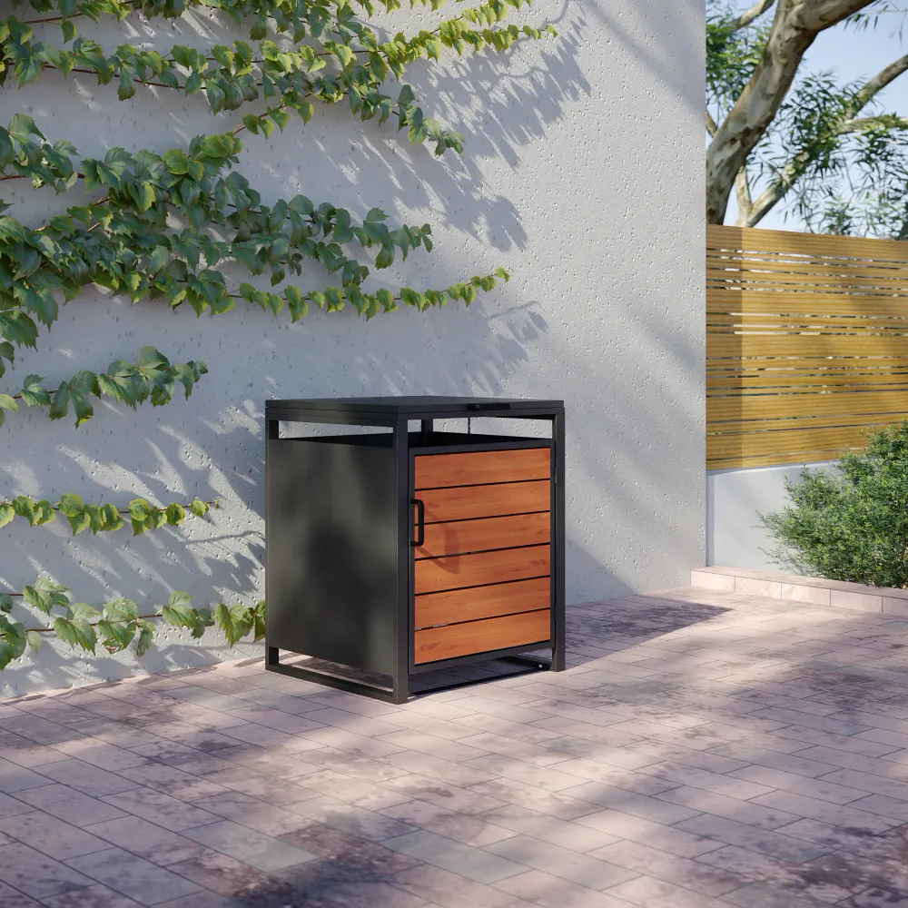 Copri bidoni 1 cassonetto 60L 50x50x64cm in acciaio zincato profili neri con pannelli effetto legno | Kubo