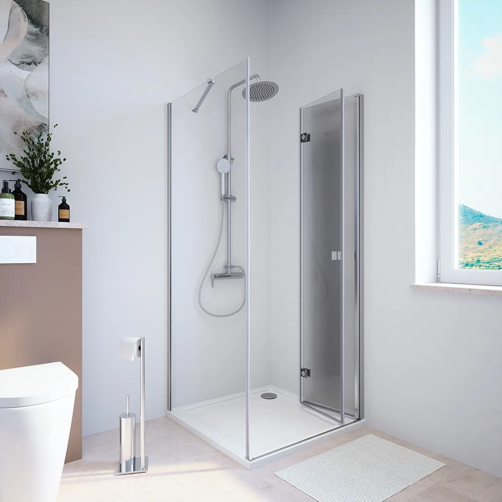Box doccia 70x70 cm con apertura a libro lato destro e parete fissa, profili cromati e vetro 8mm trasparente h195 | Fiji Box doccia 70x70 cm con apertura a libro lato destro e parete fissa, profili cromati e vetro 8mm trasparente h195 | Fiji