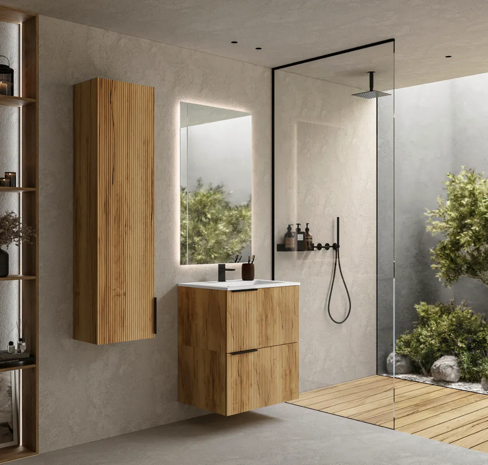 Decor Space Mobile Bagno Ladama Completo Con Lavabo E Colonna - Rovere Ed Effetto Marmo, Made In Italy