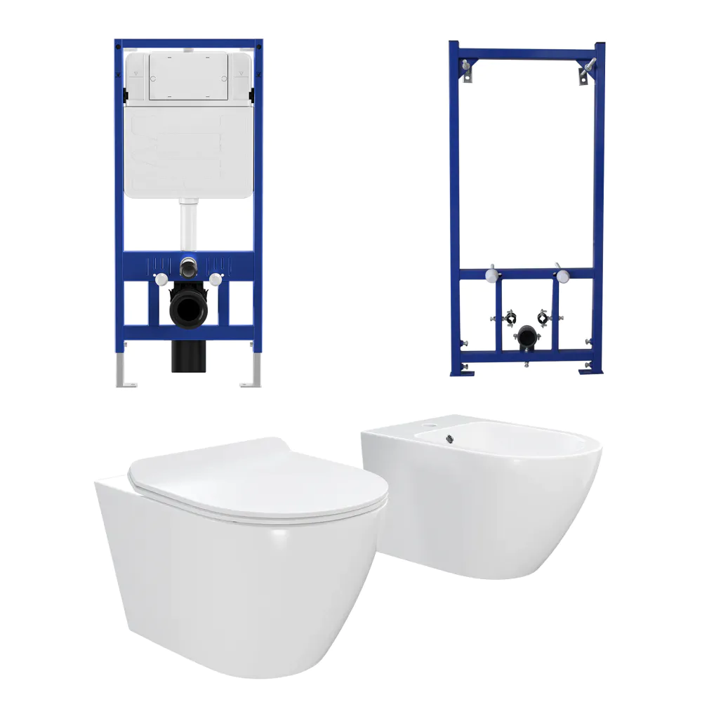 Kit coppia sanitari sospesi WC e bidet con sistema di scarico da incasso e telaio per bidet mod. Sydney bianco lucido Kit coppia sanitari sospesi WC e bidet con sistema di scarico da incasso e telaio per bidet mod. Sydney bianco lucido