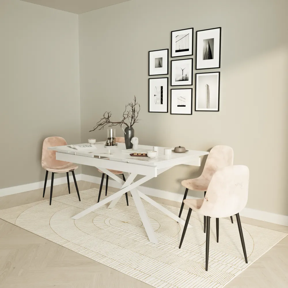 Tavolo allungabile 160-240x90cm top in ceramica effetto marmo e gambe in acciaio bianco | Erik Tavolo allungabile 160-240x90cm top in ceramica effetto marmo e gambe in acciaio bianco | Erik