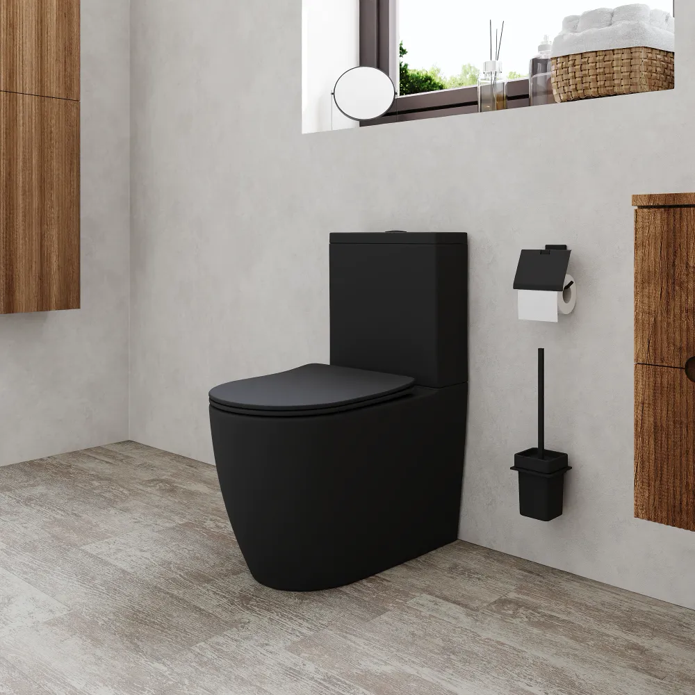 Vaso filomuro monoblocco rimless con cassetta e sedile copri-wc nero opaco | Europa Vaso filomuro monoblocco rimless con cassetta e sedile copri-wc nero opaco | Europa