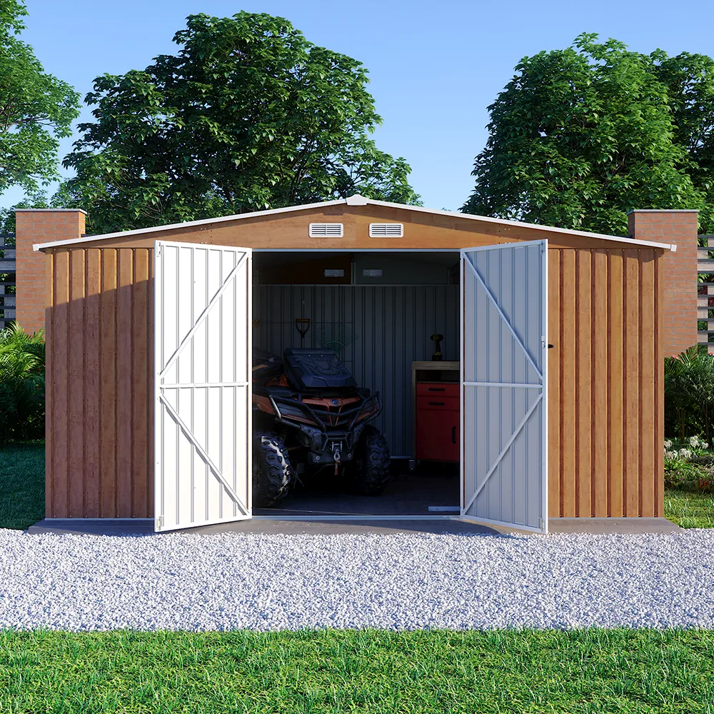 Casetta da giardino in acciaio zincato effetto legno 4,26x3,65xh2,17m - 181kg- 15,54 metri quadri
