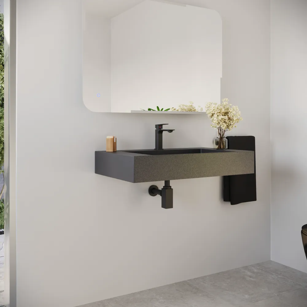 Lavabo sospeso a muro rettangolare 90x48x13 cm cm in microcemento nero | Tasman