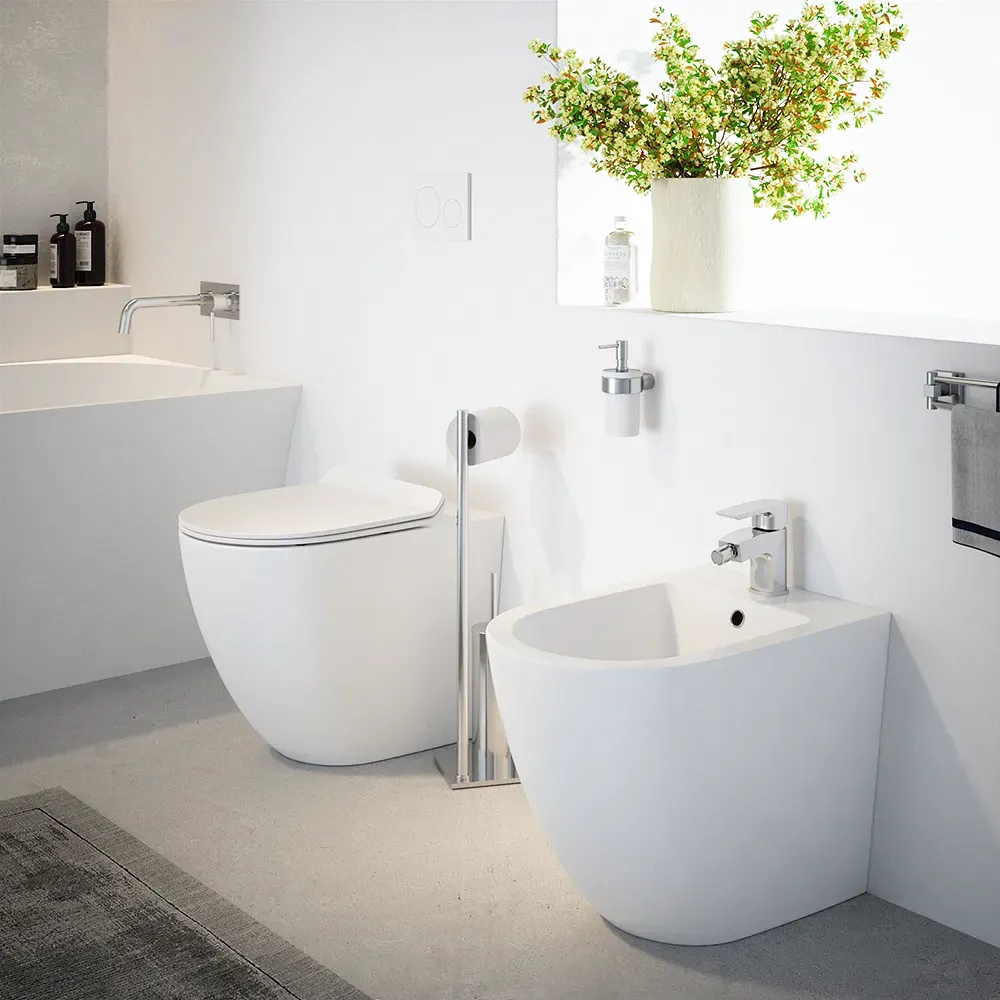 Sanitari filomuro in ceramica bianco lucido vaso tornado silent flush sedile soft-close e bidet | Sydney Sanitari filomuro in ceramica bianco lucido vaso tornado silent flush sedile soft-close e bidet | Sydney