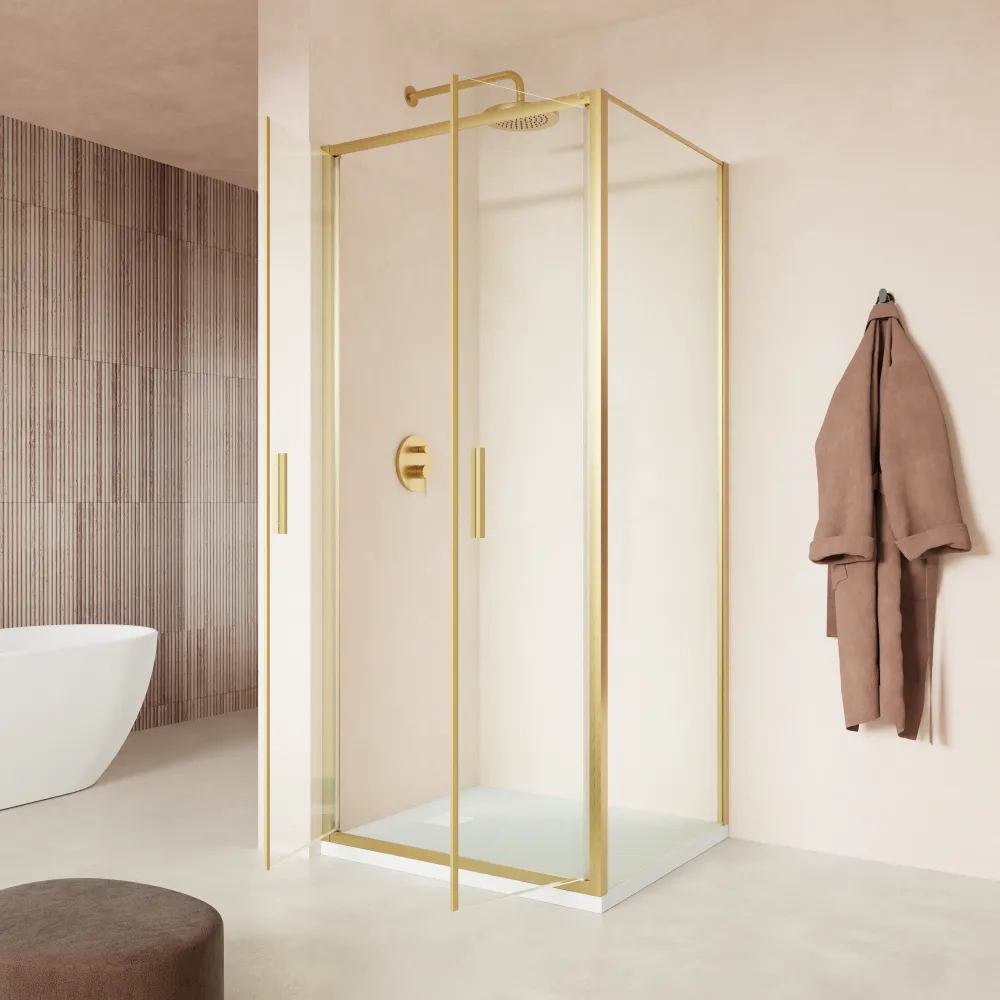 Box doccia slim 75x80cm con apertura saloon e parete fissa profili oro spazzolato e vetro 6mm trasparente anticalcare h190| Portofino