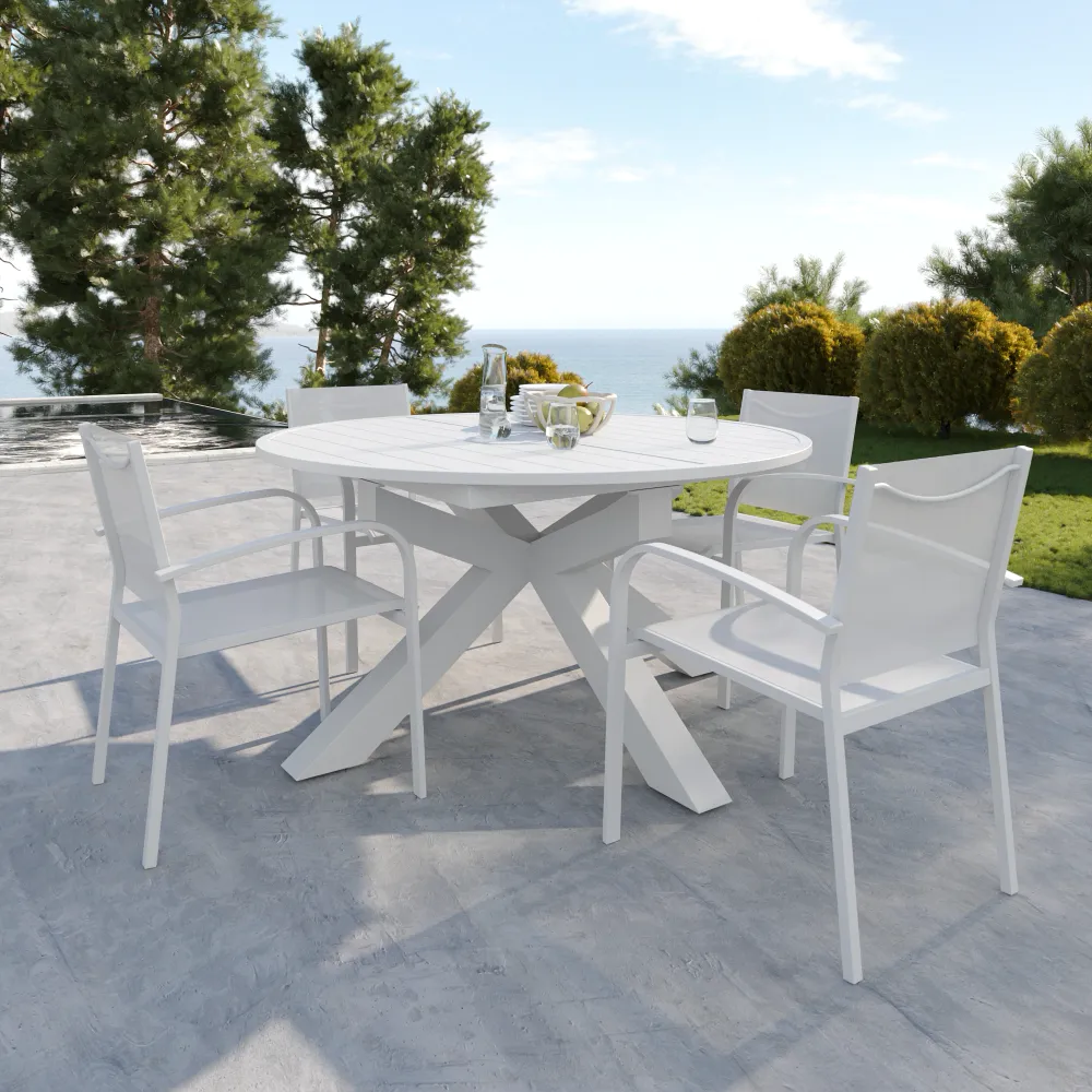 Set da esterno bianco con tavolo ovale allungabile 145/199x75cm e 4 sedie in alluminio e textilene con braccioli tondi | Juma Set da esterno bianco con tavolo ovale allungabile 145/199x75cm e 4 sedie in alluminio e textilene con braccioli tondi | Juma