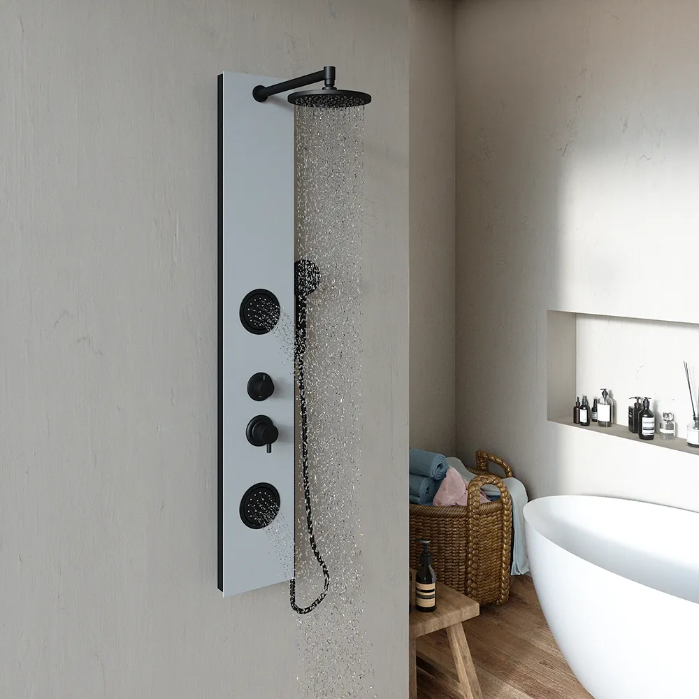 Pannello doccia 140x22cm in alluminio bianco e nero a 3 funzioni con doccino e flessible | Amur Pannello doccia 140x22cm in alluminio bianco e nero a 3 funzioni con doccino e flessible | Amur