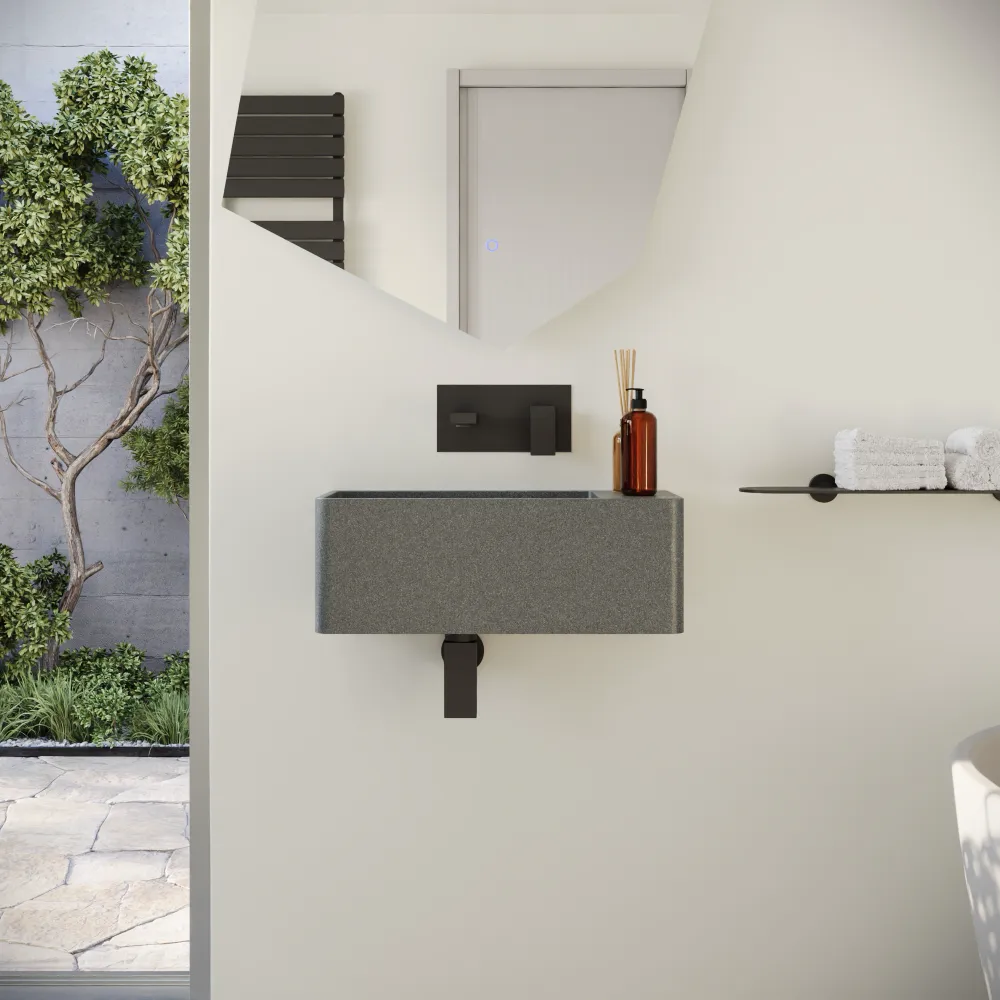 Lavabo sospeso a muro rettangolare in microcemento 55x23x20 cm grigio foro a destra | Kanas Lavabo sospeso a muro rettangolare in microcemento 55x23x20 cm grigio foro a destra | Kanas