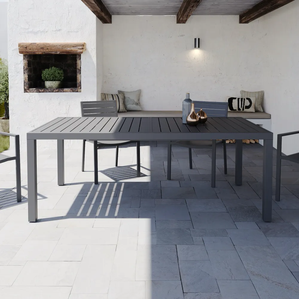 Tavolo da esterno rettangolare in alluminio grigio scuro allungabile 200/300x100x75cm con top a doghe | Marel Tavolo da esterno rettangolare in alluminio grigio scuro allungabile 200/300x100x75cm con top a doghe | Marel
