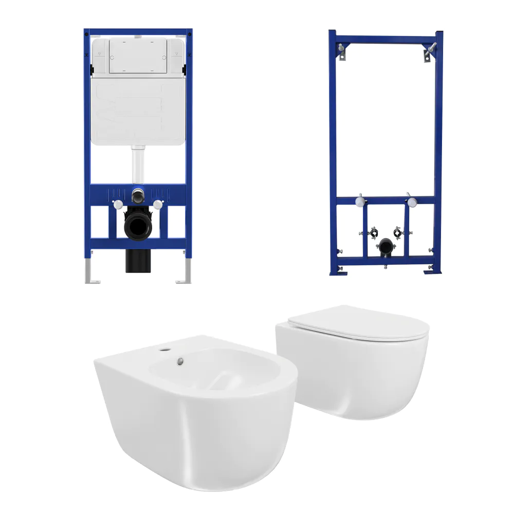 Kit coppia sanitari sospesi WC e bidet con sistema di scarico da incasso e telaio per bidet mod. Tallin Small bianco lucido Kit coppia sanitari sospesi WC e bidet con sistema di scarico da incasso e telaio per bidet mod. Tallin Small bianco lucido