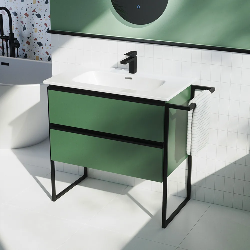 Mobile bagno a terra 80cm verde foresta con lavabo in ceramica | Sapo Mobile bagno a terra 80cm verde foresta con lavabo in ceramica | Sapo