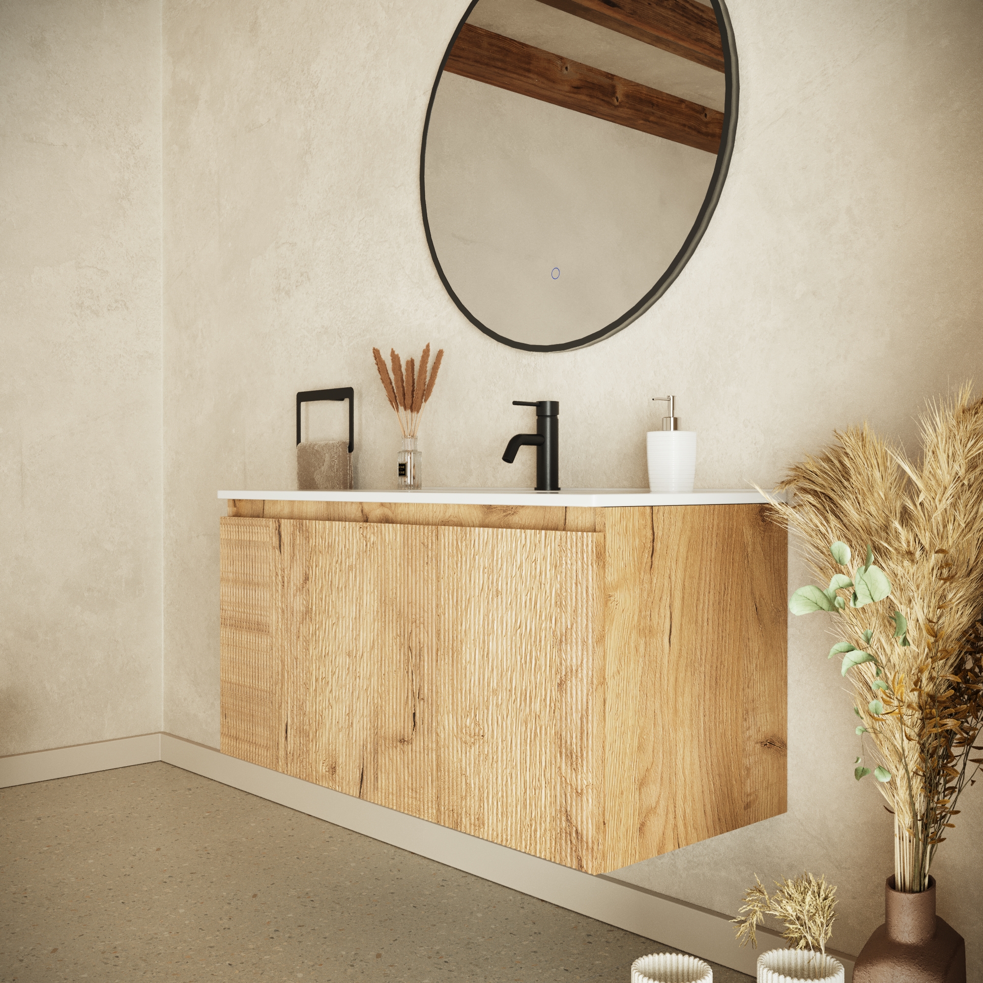 Mobile bagno sospeso 100cm tre ante rovere chiaro cannettato con lavabo bianco lucido | Pelion Mobile bagno sospeso 100cm tre ante rovere chiaro cannettato con lavabo bianco lucido | Pelion