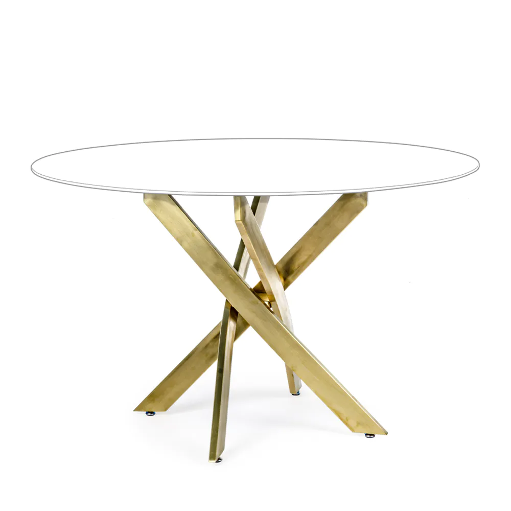 Tavolo tondo ⌀120cm con top in vetro temperato 8mm bianco e gambe incrociate in acciaio oro | George