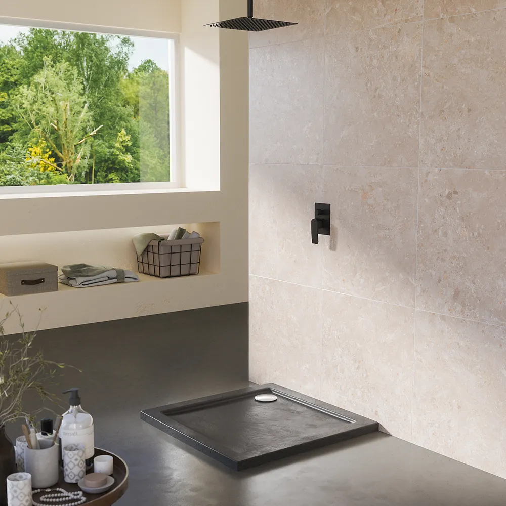 Piatto doccia 70x70 effetto pietra nero in acrilico altezza slim | Petra Piatto doccia 70x70 effetto pietra nero in acrilico altezza slim | Petra