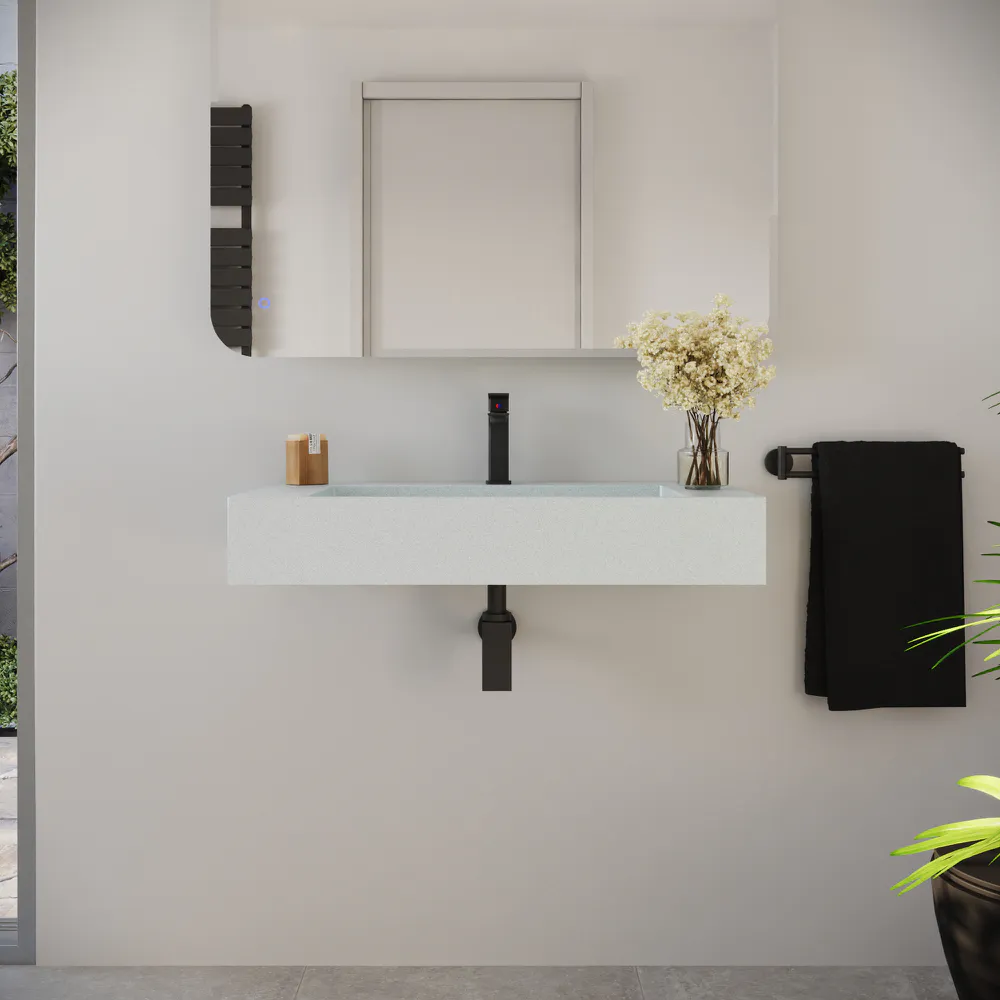 Lavabo sospeso a muro rettangolare 90x48x13 cm in microcemento bianco | Tasman