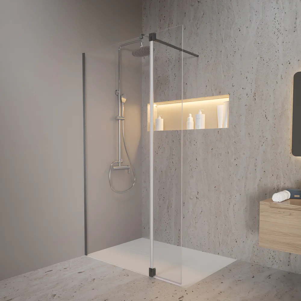 Doccia walk-in 110cm + anta girevole 30cm vetro 8mm trasparente anticalcare profili gun metal h200 | Keros Doccia walk-in 110cm + anta girevole 30cm vetro 8mm trasparente anticalcare profili gun metal h200 | Keros