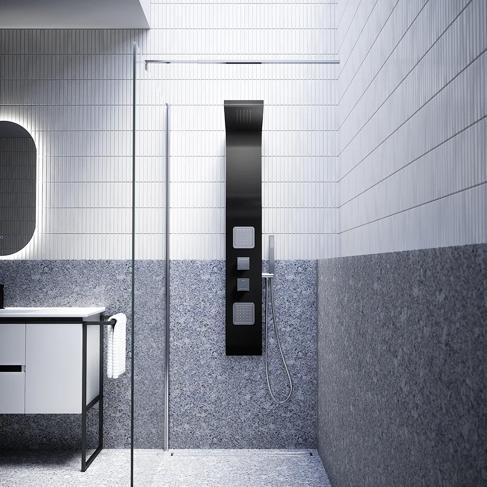 Pannello doccia in alluminio nero opaco a 3 funzioni con doccino | Vernel Pannello doccia in alluminio nero opaco a 3 funzioni con doccino | Vernel