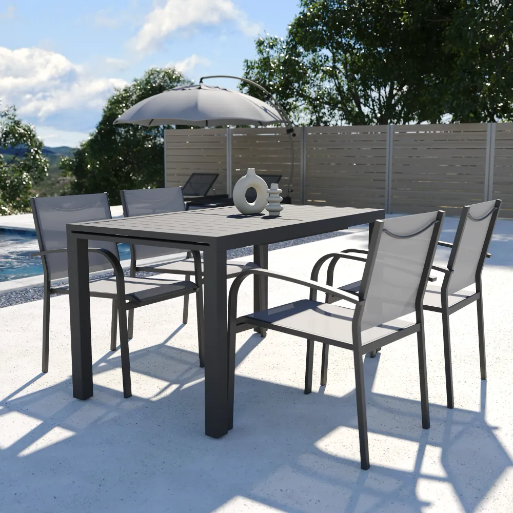 Set da esterno grigio con tavolo allungabile 140/210x75cm e 4 sedie in alluminio e textilene con braccioli tondi | Marel