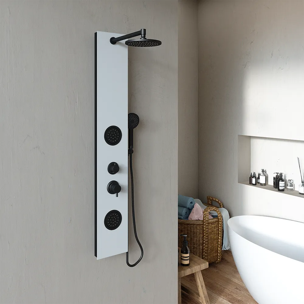 Pannello doccia 140x22cm in alluminio bianco e nero a 3 funzioni con doccino e flessible | Amur Pannello doccia 140x22cm in alluminio bianco e nero a 3 funzioni con doccino e flessible | Amur