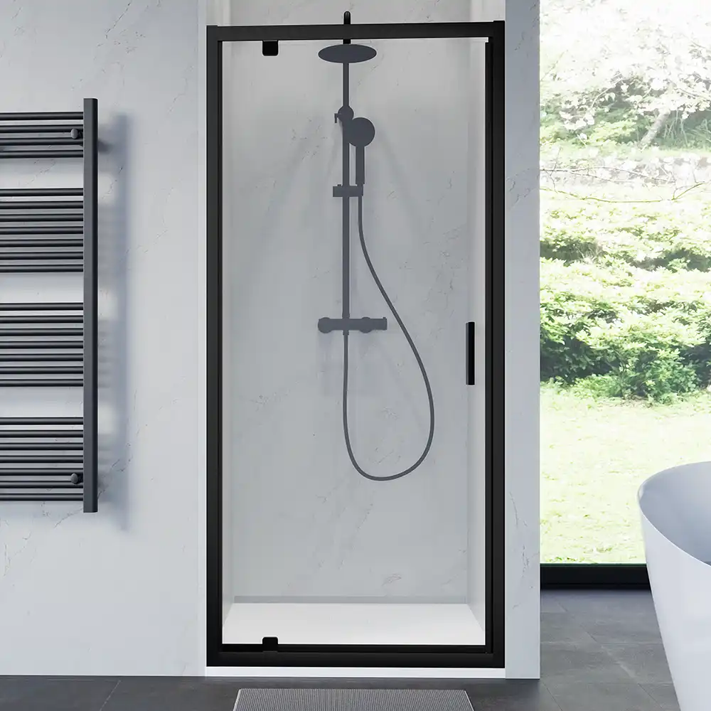 Porta doccia 90 cm apertura a battente profili neri opachi vetro trasparente | Apulia Porta doccia 90 cm apertura a battente profili neri opachi vetro trasparente | Apulia