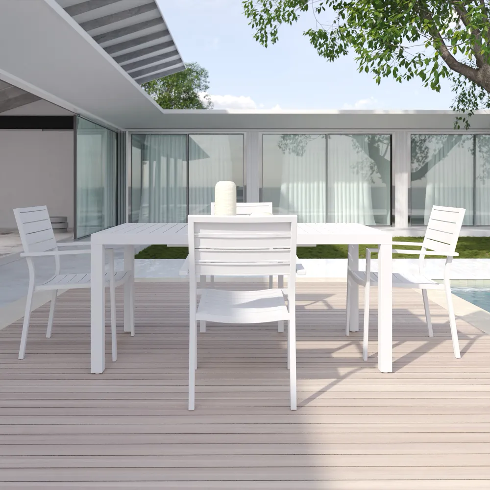 Set da esterno bianco con tavolo allungabile 160/240x75cm e 4 sedie in alluminio | Zenor Set da esterno bianco con tavolo allungabile 160/240x75cm e 4 sedie in alluminio | Zenor