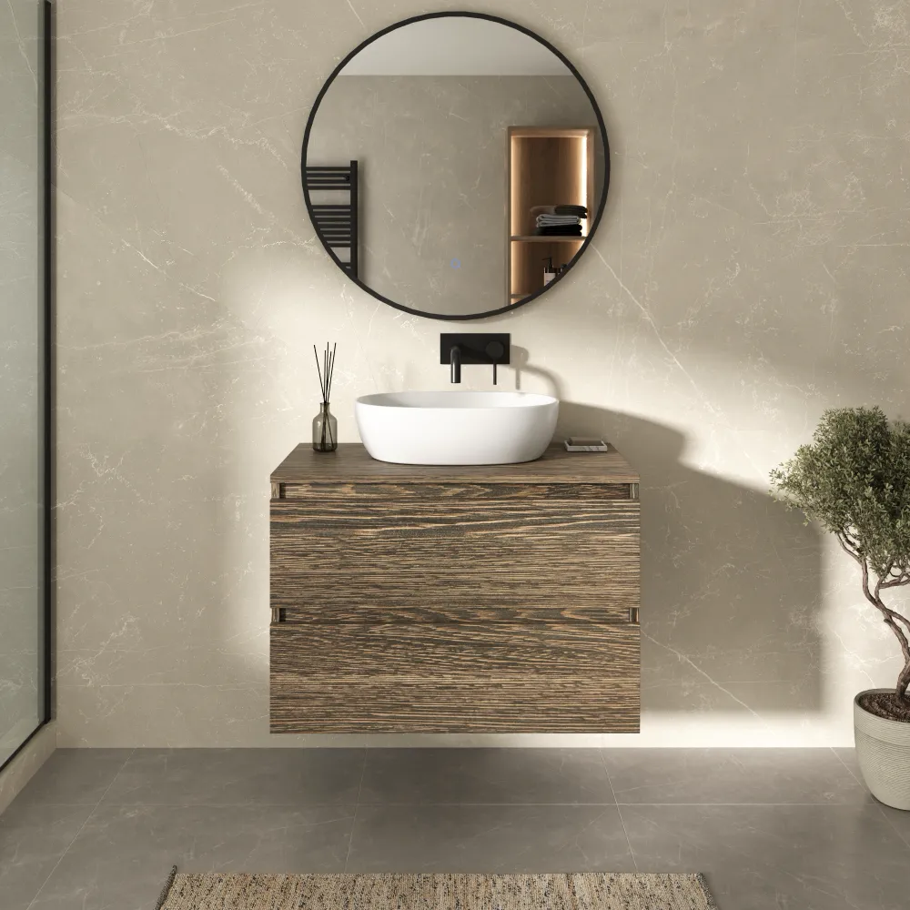Mobile bagno sospeso 80cm due cassetti rovere scuro vintage wenge con top | Hexa Mobile bagno sospeso 80cm due cassetti rovere scuro vintage wenge con top | Hexa