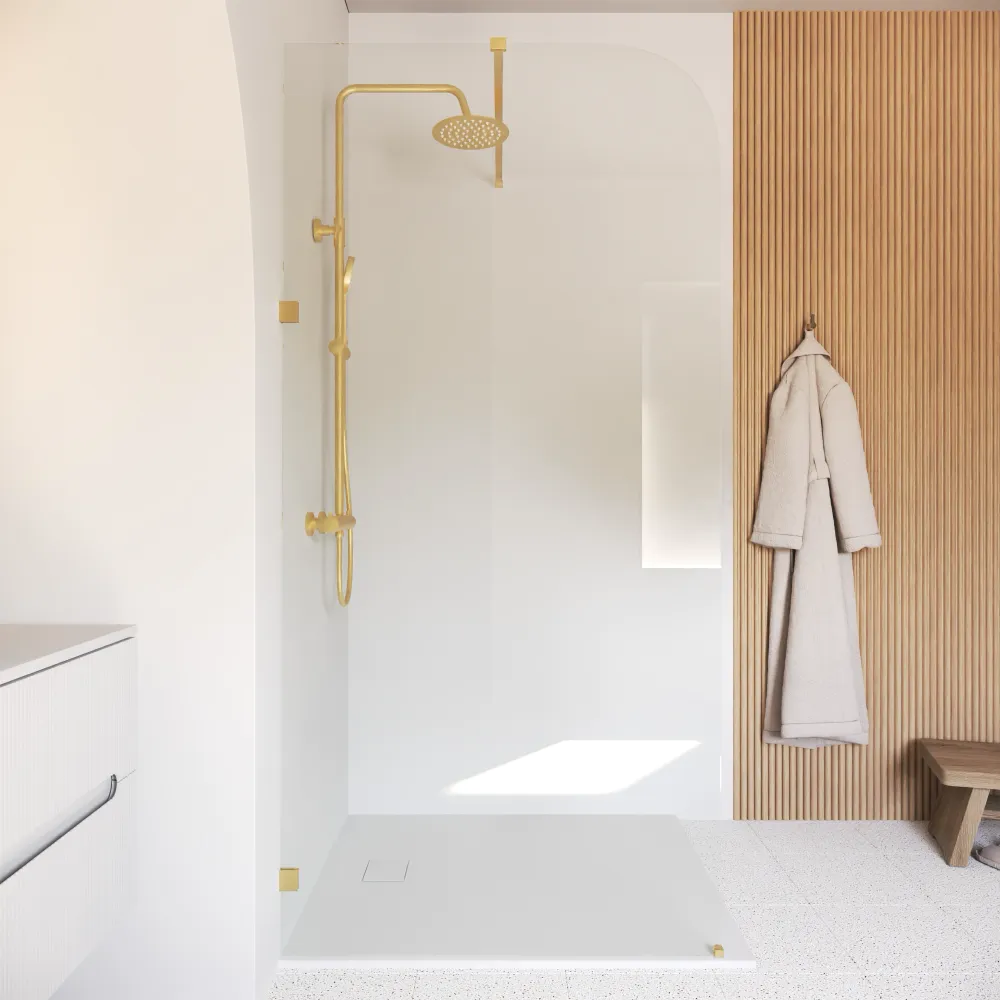 Doccia walk-in arco 140cm con cerniere oro spazzolato vetro 8mm trasparente easy clean h200 | Senja