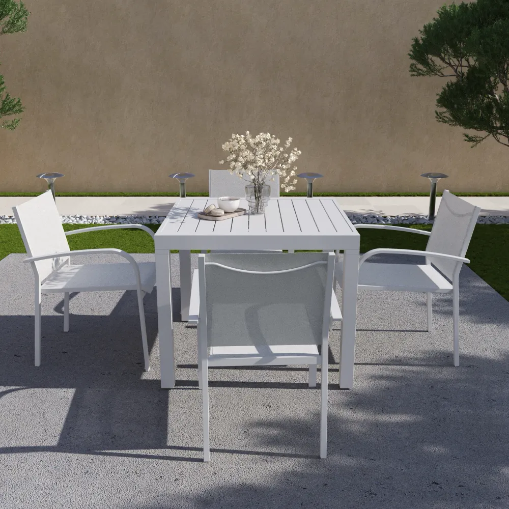 Set da esterno bianco con tavolo allungabile 90/180x74cm e 4 sedie in alluminio con textilene e braccioli tondi | Marel