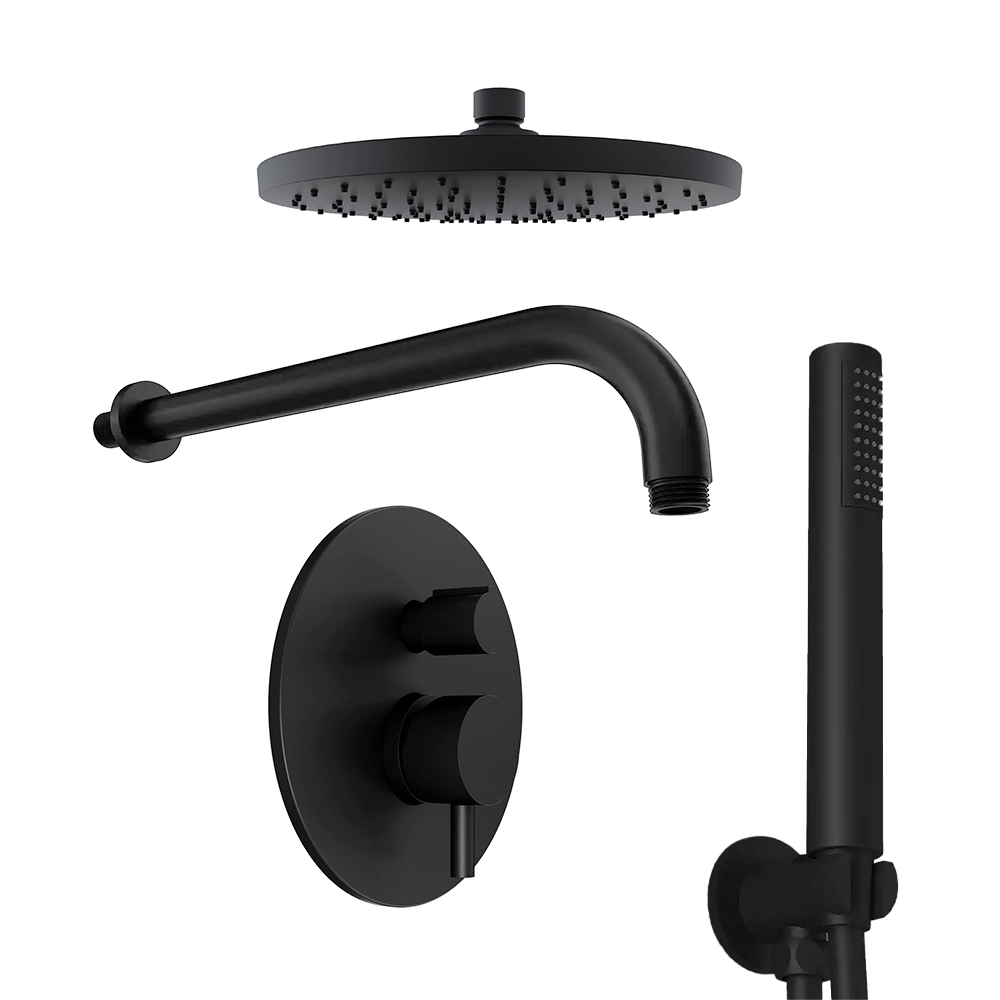 Set doccia nero opaco - Miscelatore incasso 2 vie Katharine, braccio 30cm, soffione 20cm e doccino Set doccia nero opaco - Miscelatore incasso 2 vie Katharine, braccio 30cm, soffione 20cm e doccino