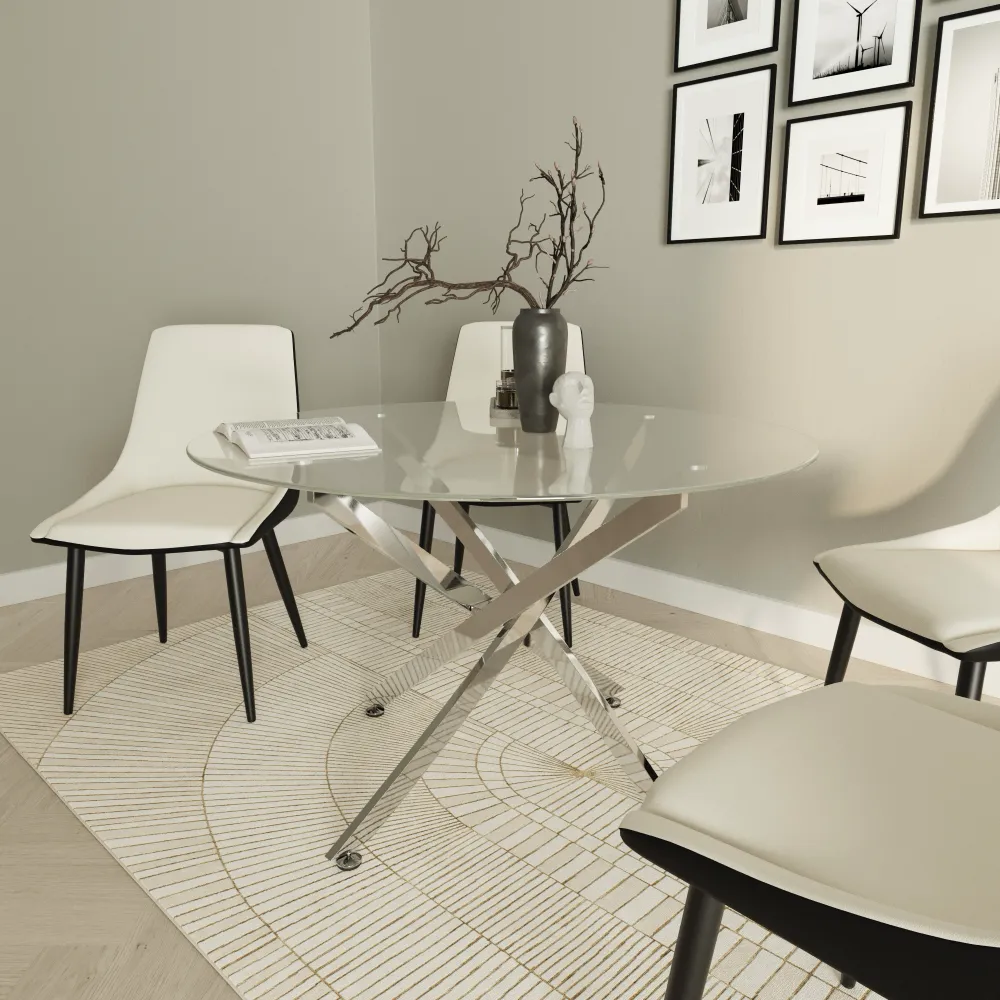 Tavolo rotondo Ø120cm top in vetro temperato trasparente 8mm e gambe incrociate in acciaio cromato | Leif