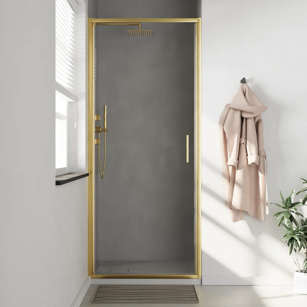 Porta doccia 90cm con apertura a battente profili slim oro spazzolato vetro 6mm trasparente anticalcare h190 | Portofino Porta doccia 90cm con apertura a battente profili slim oro spazzolato vetro 6mm trasparente anticalcare h190 | Portofino