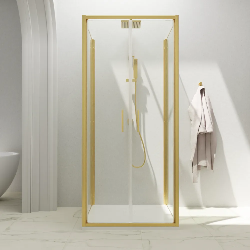 Box doccia 3 lati 70x75x70cm con porta saloon profili oro spazzolato vetro 6mm trasparente anticalcare h190| Portofino Box doccia 3 lati 70x75x70cm con porta saloon profili oro spazzolato vetro 6mm trasparente anticalcare h190| Portofino