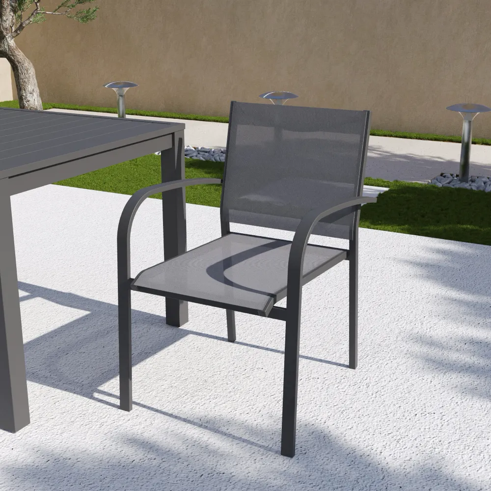 Sedia da esterno in textilene grigio scuro con braccioli in alluminio tondi | Marel Sedia da esterno in textilene grigio scuro con braccioli in alluminio tondi | Marel