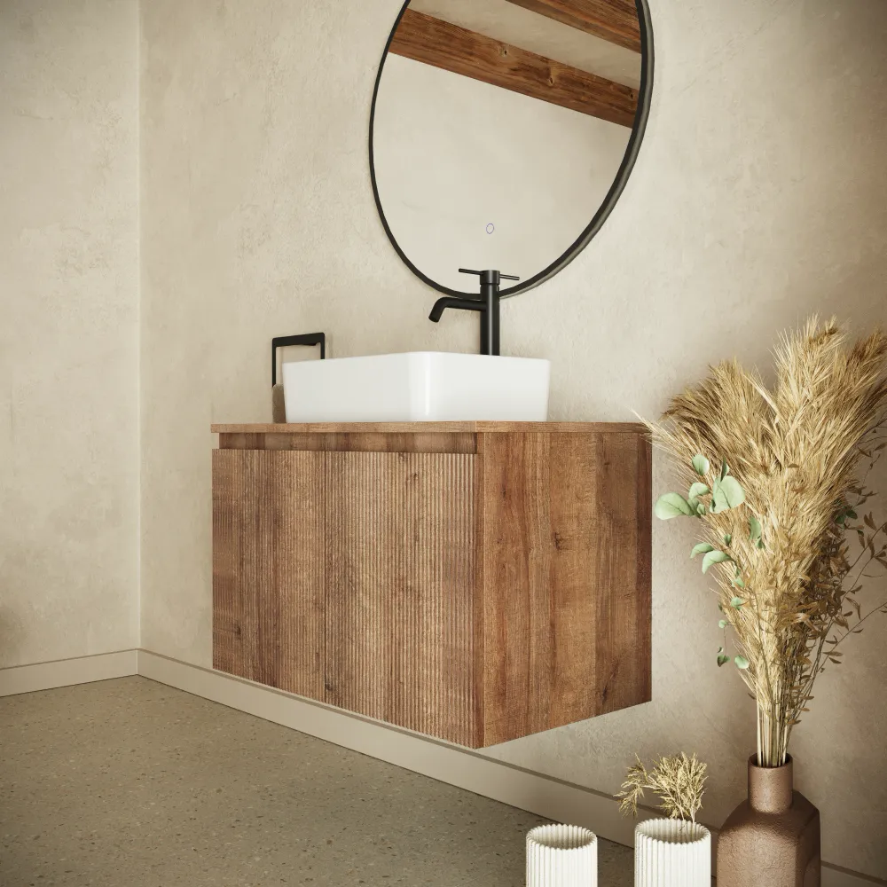 Mobile bagno sospeso 60cm rovere scuro cannettato 2 ante con top | Pelion