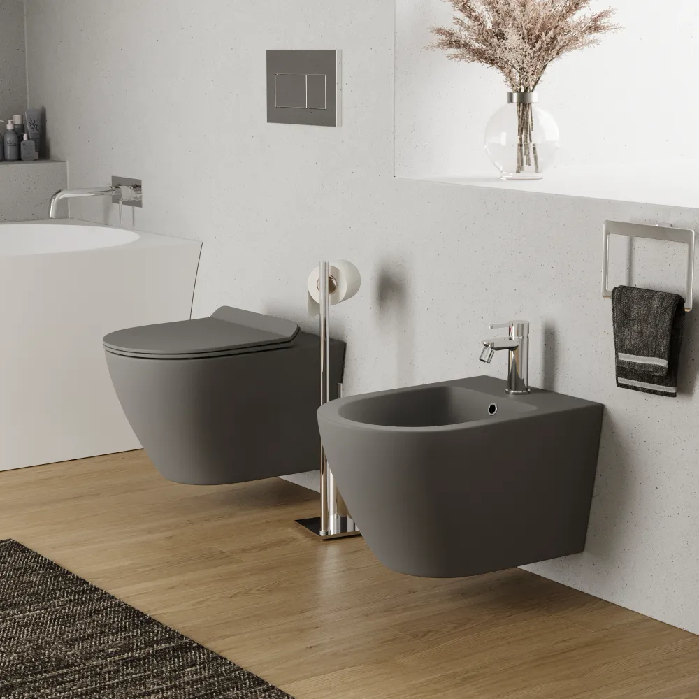 Sanitari sospesi in ceramica grigio opaco vaso tornado silent flush sedile soft-close e bidet | Sydney Sanitari sospesi in ceramica grigio opaco vaso tornado silent flush sedile soft-close e bidet | Sydney