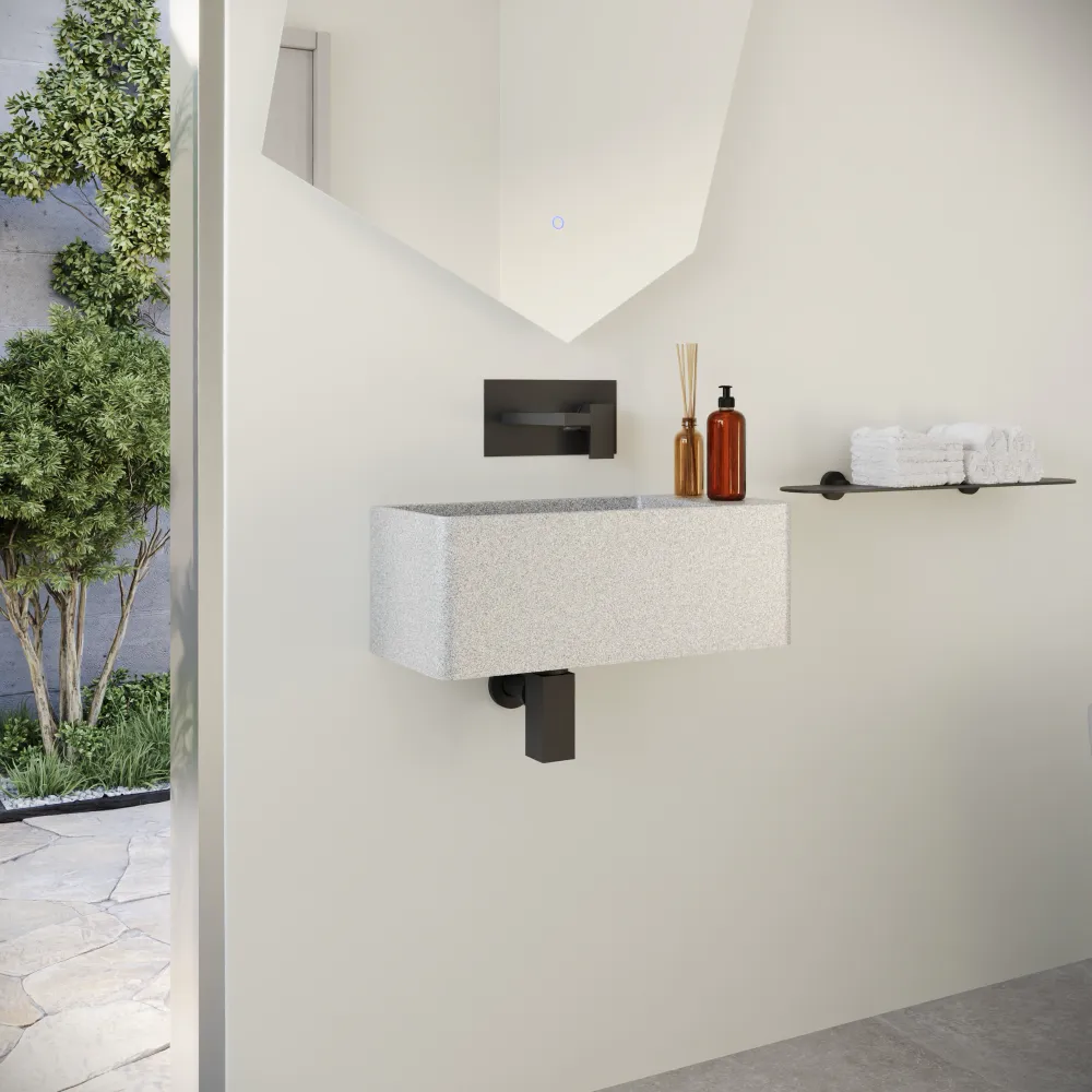 Lavabo sospeso a muro rettangolare in microcemento 55x23x20 cm beige foro a destra | Kanas