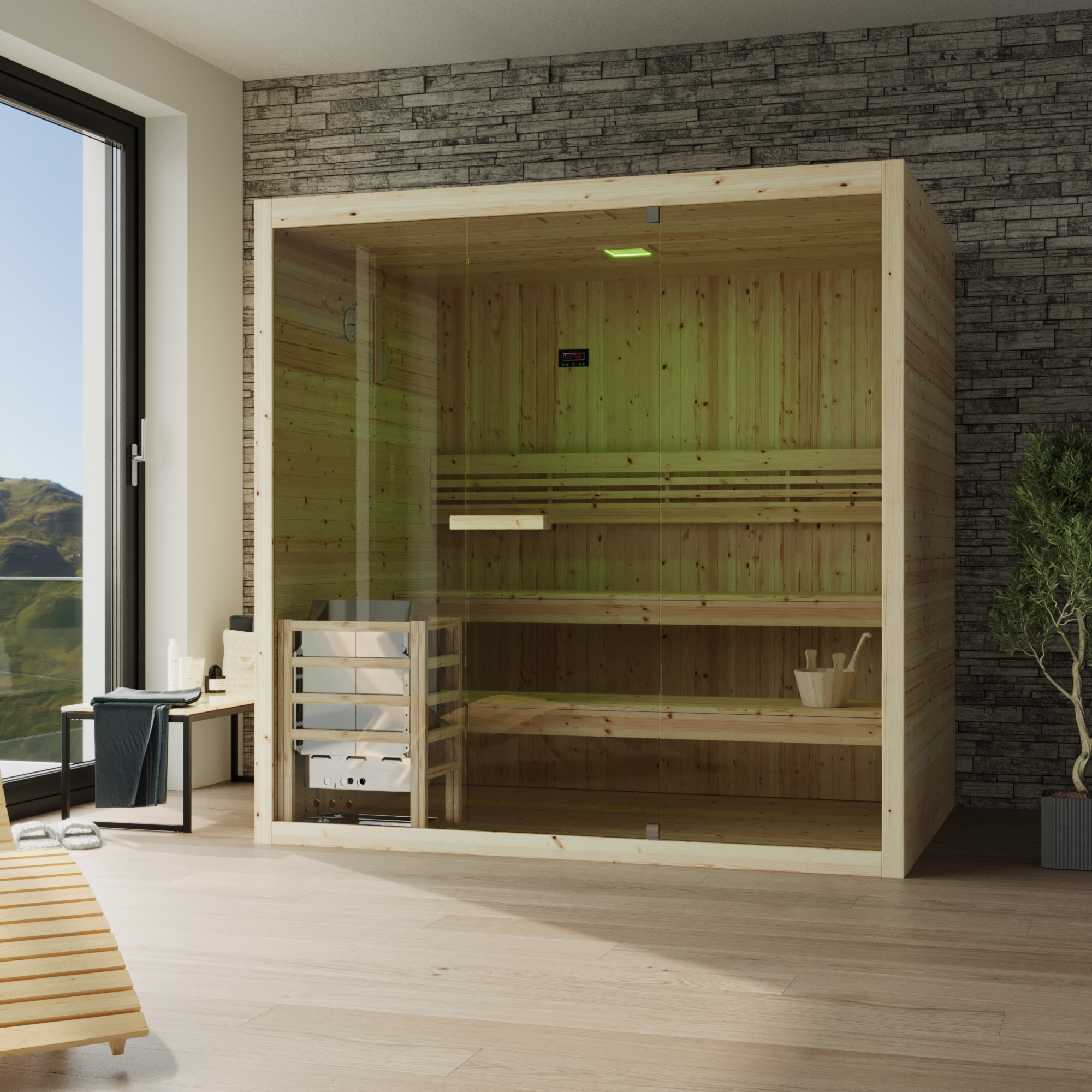 Sauna finlandese da interno 3-4 persone 180x130cm h200 in legno di abete | Nirva Sauna finlandese da interno 3-4 persone 180x130cm h200 in legno di abete | Nirva