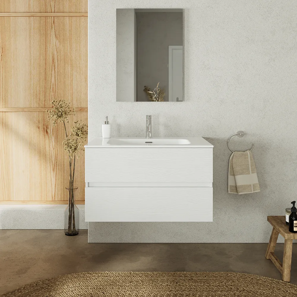 Mobile da bagno sospeso 80 cm bianco effetto legno con lavabo e specchio | Yili Mobile da bagno sospeso 80 cm bianco effetto legno con lavabo e specchio | Yili