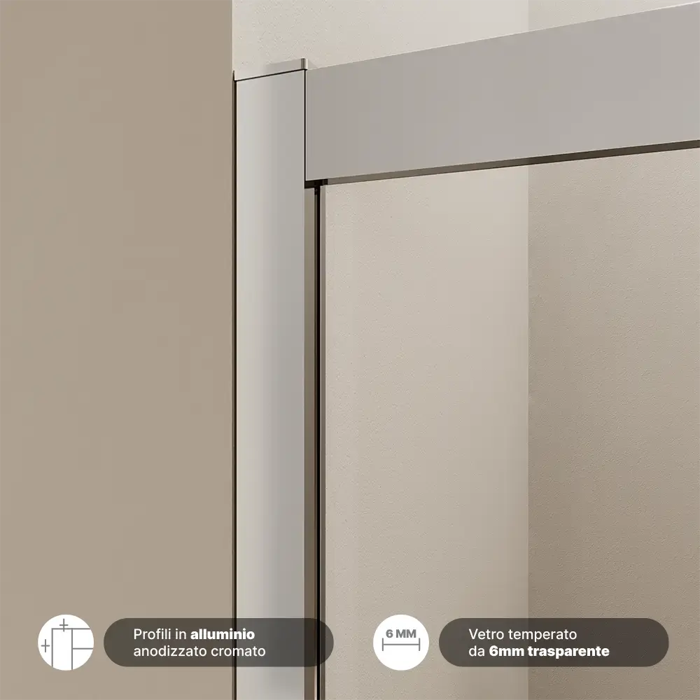 Porta doccia mod. Sicily con profili in alluminio anodizzato cromato e vetro 6mm trasparente Porta doccia mod. Sicily con profili in alluminio anodizzato cromato e vetro 6mm trasparente