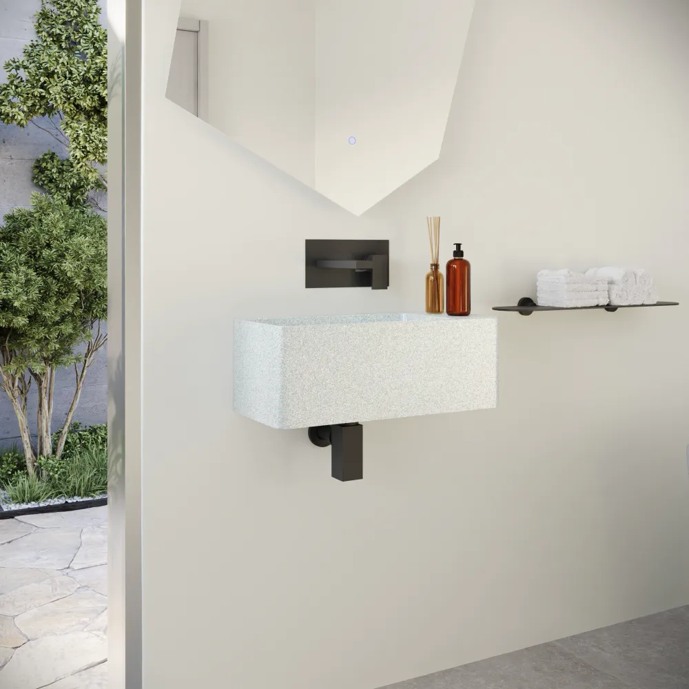 Lavabo sospeso a muro rettangolare in microcemento 55x23x20 cm bianco foro a destra | Kanas Lavabo sospeso a muro rettangolare in microcemento 55x23x20 cm bianco foro a destra | Kanas