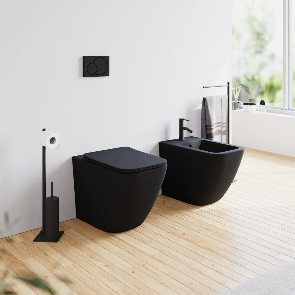 Sanitari filomuro in ceramica nero opaco vaso rimless sedile soft-close e bidet | Venezia