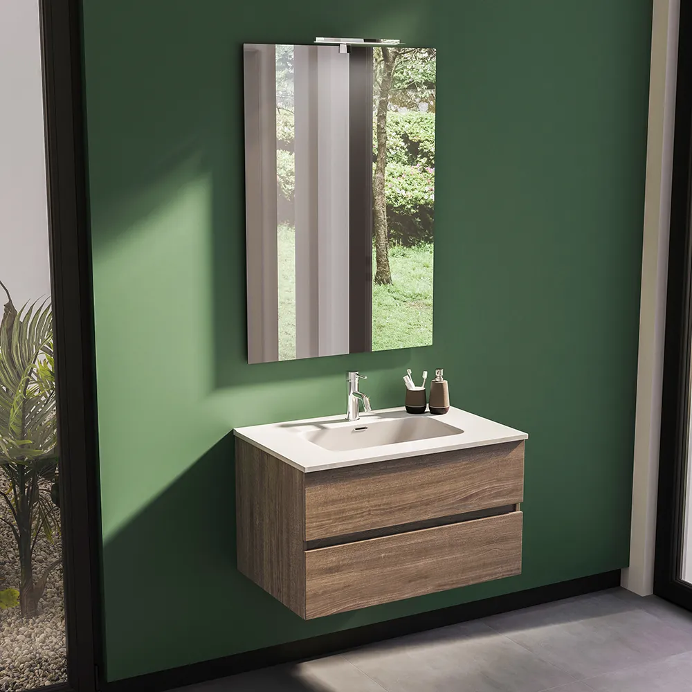 Mobile da bagno sospeso 80 cm rovere scuro con lavabo e specchio | Yili Mobile da bagno sospeso 80 cm rovere scuro con lavabo e specchio | Yili