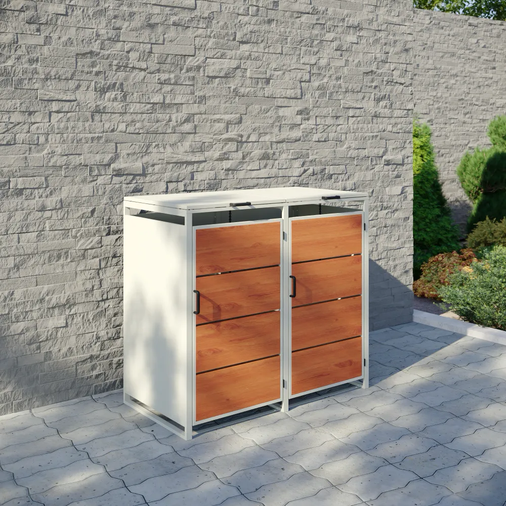 Copri bidoni 2 cassonetti 120L 116x60x105cm in acciaio zincato profili bianchi con pannelli effetto legno | Kubo Copri bidoni 2 cassonetti 120L 116x60x105cm in acciaio zincato profili bianchi con pannelli effetto legno | Kubo