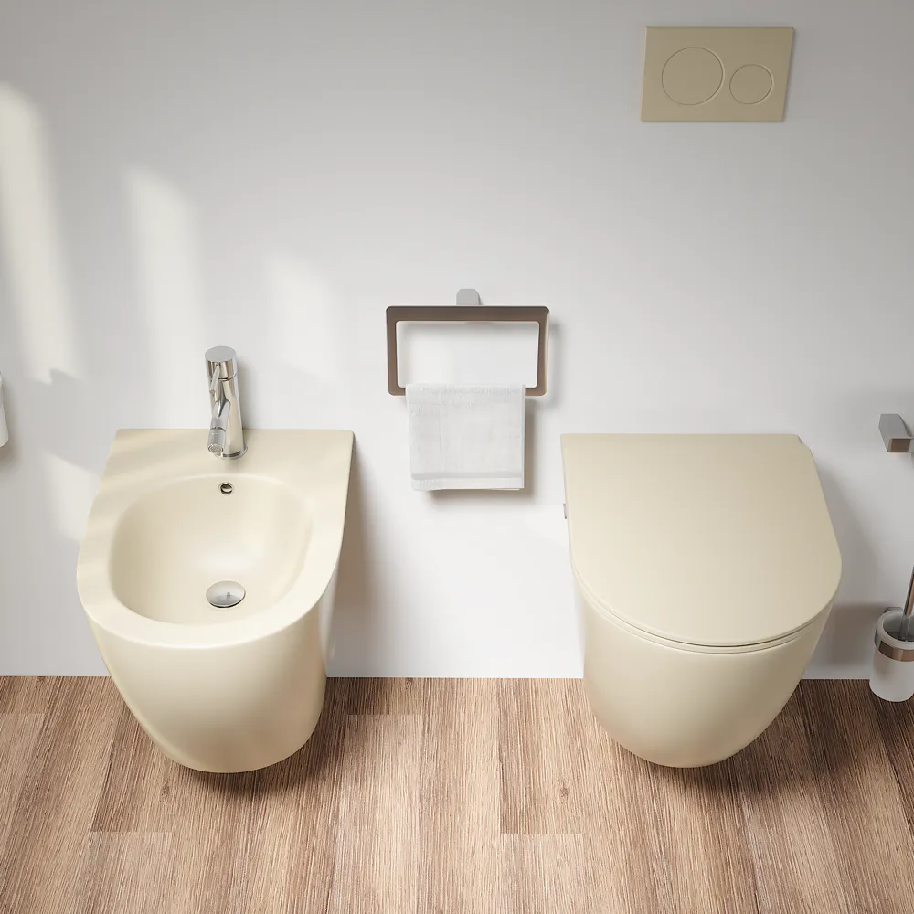 Sanitari sospesi in ceramica khaki opaco vaso rimless sedile softc-close e bidet | Europa Small
