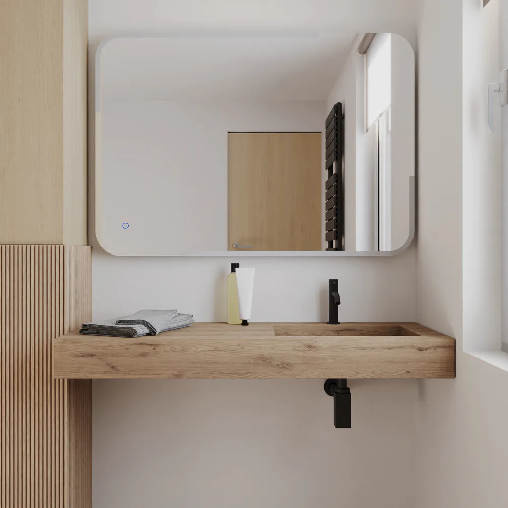 Lavabo sospeso con vasca a destra in hpl 120cm rovere miele | Ledro Lavabo sospeso con vasca a destra in hpl 120cm rovere miele | Ledro