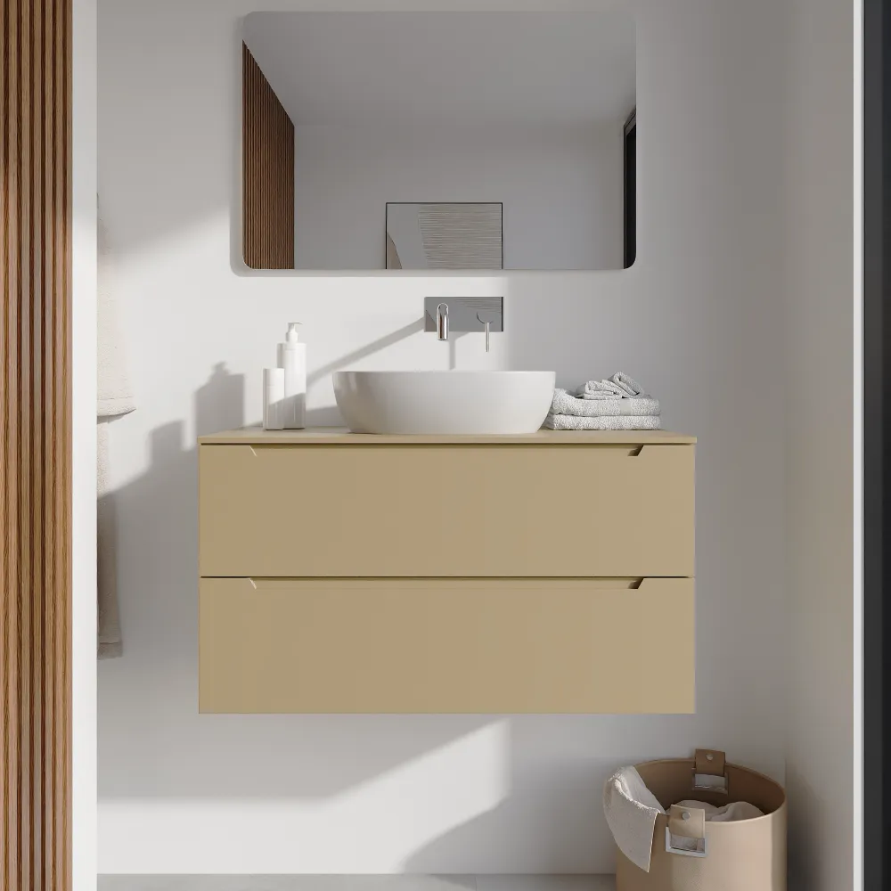 Mobile bagno sospeso 90cm sabbia opaco due cassetti soft-close con top | Bako